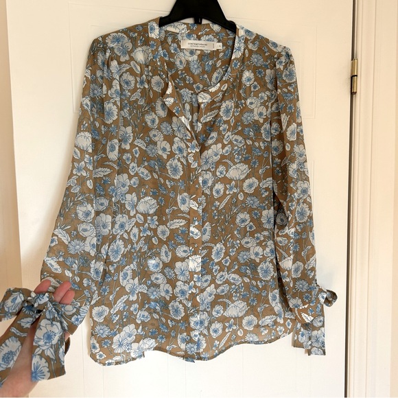 Floral Blue & Khaki Button Down Blouse w/ Bow on Sleeves Contemporaine (Simons) - Picture 1 of 5